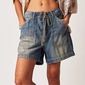 NWT Free People We The Free Second Chances Pull On Jean Shorts Drawstring Blue L